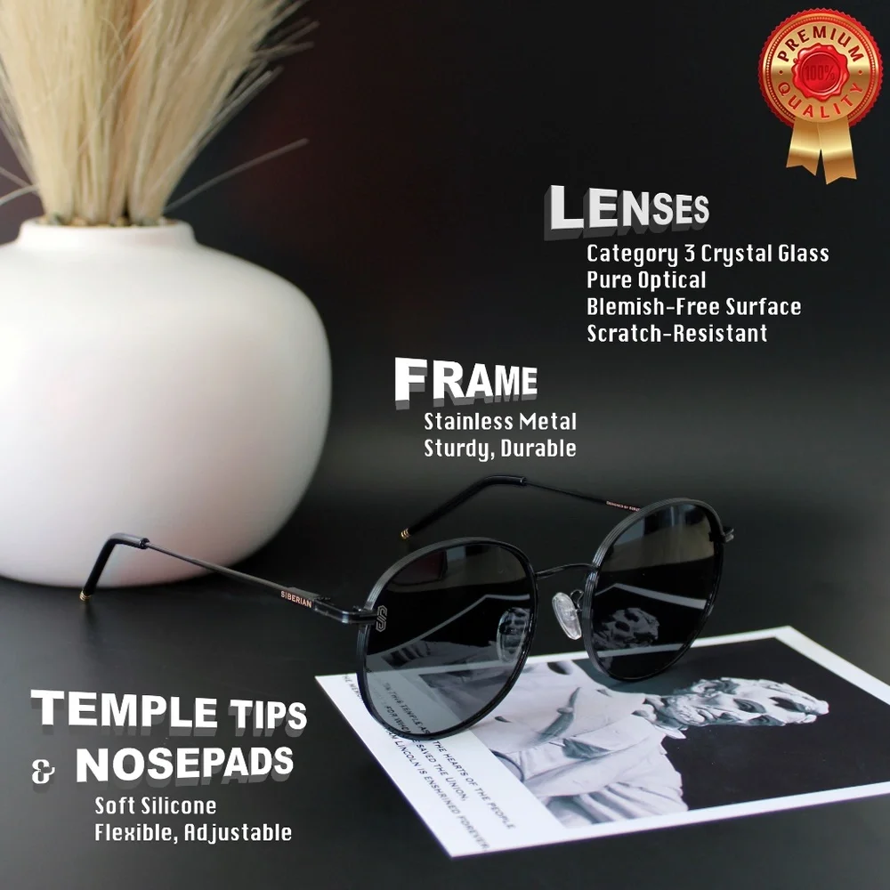 🇺🇸Real Glass Lenses Round BLACK Standard 52mm Sunglasses Men/Women